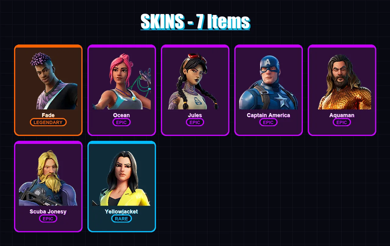 [PC/XBOX/PSN] | Fade | Ocean | Jules | Captain America | Aquaman | 7 skin | 10 pickaxe | 9 emote | 10 glider | Lv129