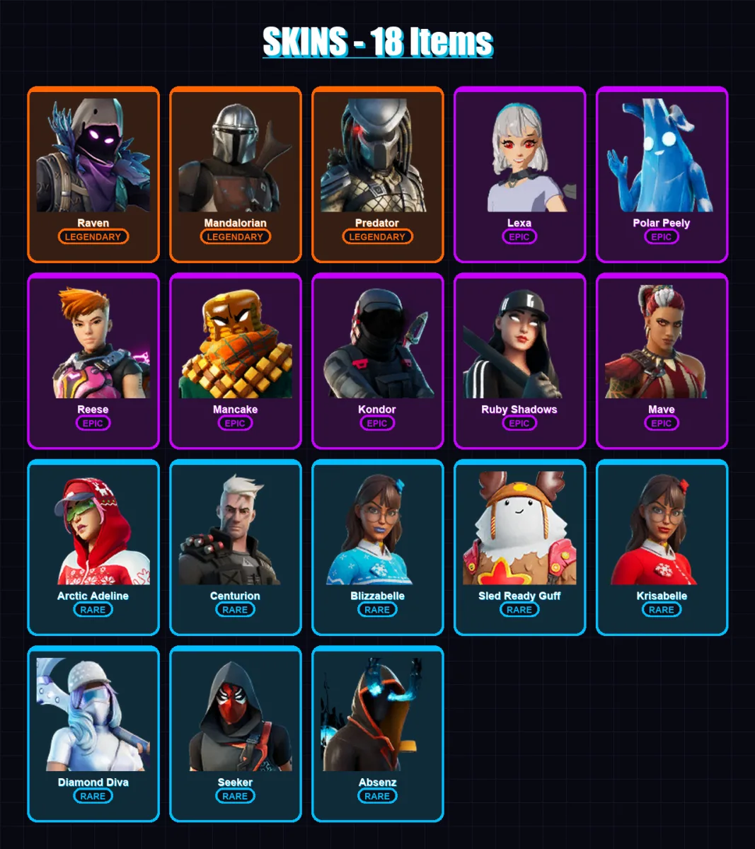 [PC/XBOX] | Raven | Mandalorian | Predator | Lexa | Polar Peely | 18 skin | 37 pickaxe | 27 emote | 32 glider | Lv551