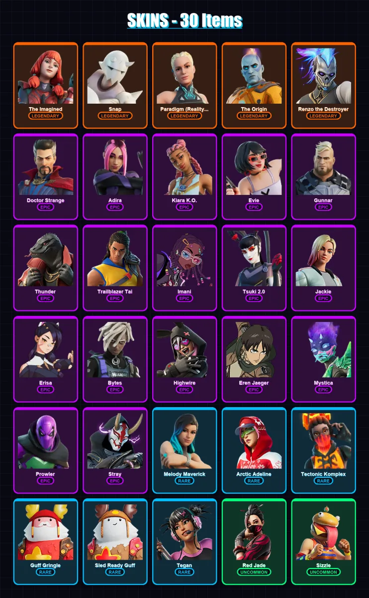 [PC/XBOX/PSN] | The Imagined | Snap | Paradigm (Reality-659) | The Origin | Renzo the Destroyer | 30 skin | 33 pickaxe | 26 emote | 35 glider | Lv41