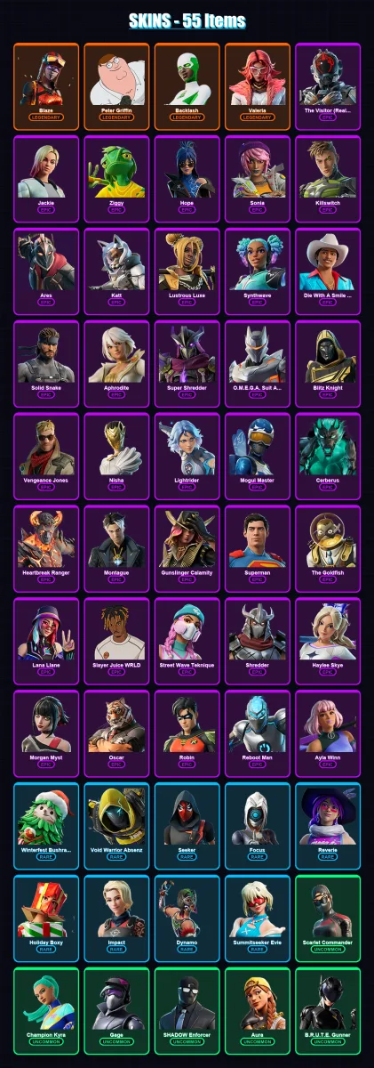 [PC/XBOX/PSN] | Blaze | Peter Griffin | Backlash | Valeria | The Visitor (Reality Unknown) | 55 skin | 64 pickaxe | 54 emote | 41 glider | Lv548