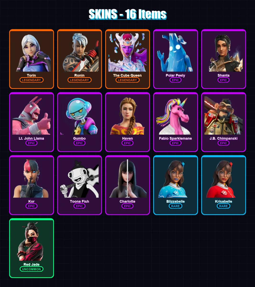 [PC/XBOX/PSN] | Torin | Ronin | The Cube Queen | Polar Peely | Shanta | 16 skin | 18 pickaxe | 15 emote | 17 glider | Lv160