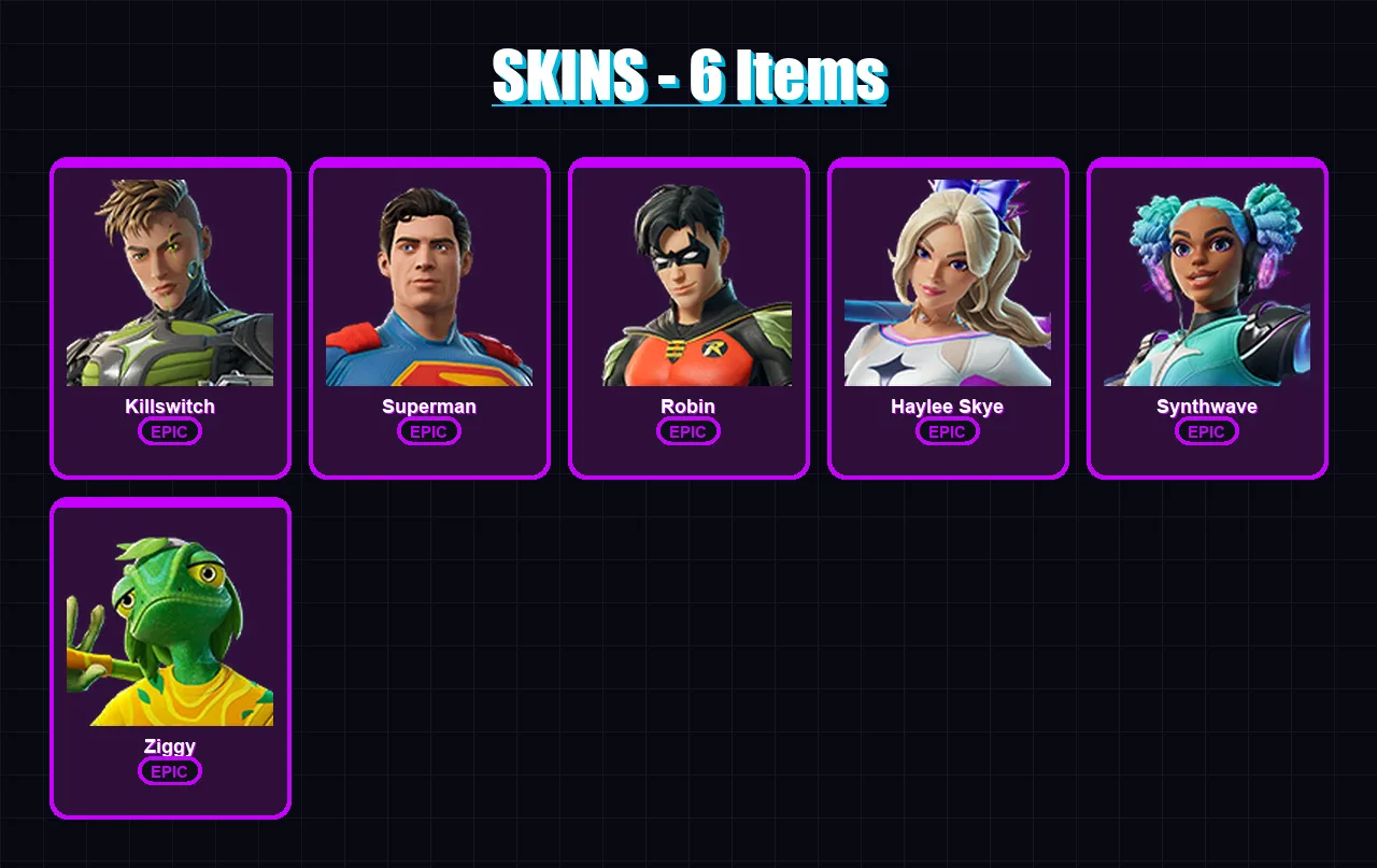 [PS4/PS5/XBOX/PC] | Killswitch | Superman | Robin | Haylee Skye | Synthwave | 6 skin | 56 pickaxe | 21 emote | 34 glider | Lv422