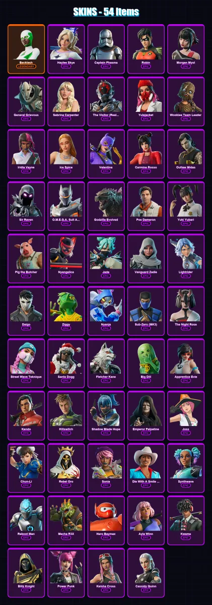 [PC/PSN] | Backlash | Haylee Skye | Captain Phasma | Robin | Morgan Myst | 54 skin | 92 pickaxe | 66 emote | 60 glider | Lv734