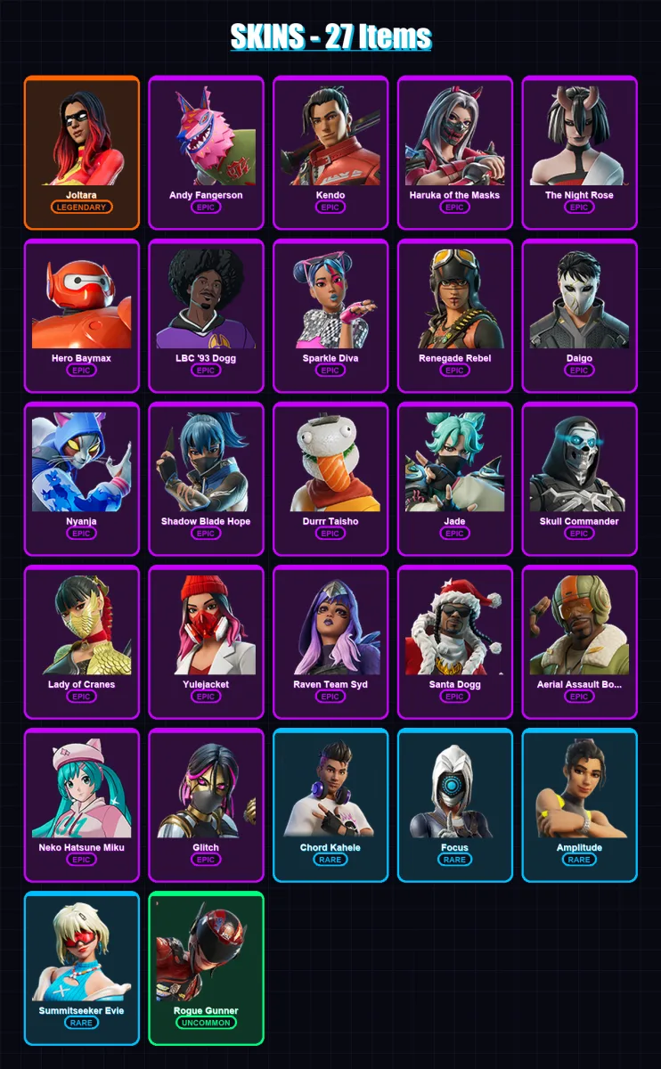 [PC/XBOX] | Joltara | Andy Fangerson | Kendo | Haruka of the Masks | The Night Rose | 27 skin | 32 pickaxe | 22 emote | 21 glider | Lv197