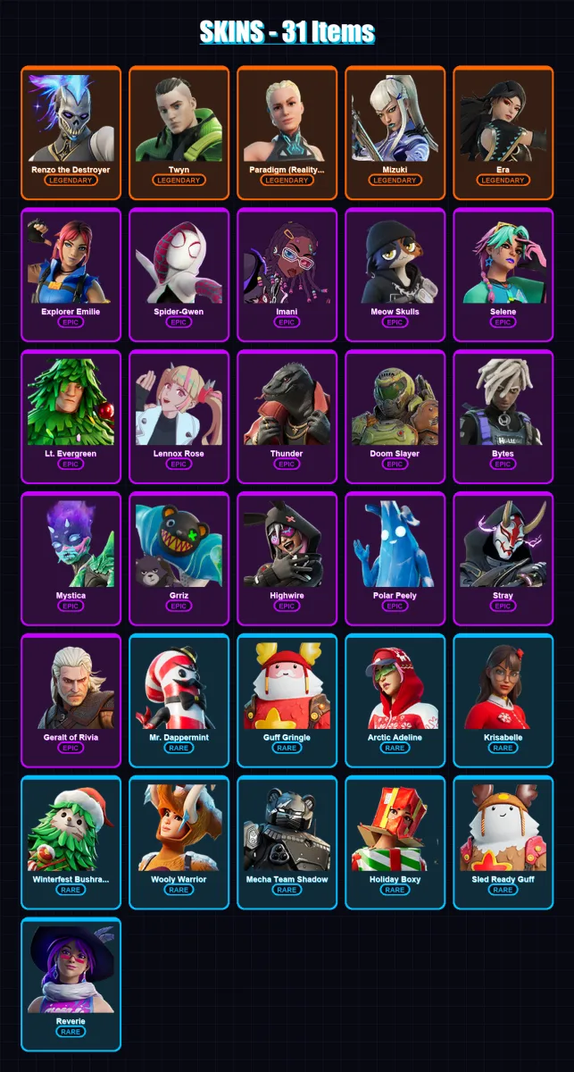[PC/PSN] | Renzo the Destroyer | Twyn | Paradigm (Reality-659) | Mizuki | Era | 31 skin | 43 pickaxe | 38 emote | 46 glider | Lv518