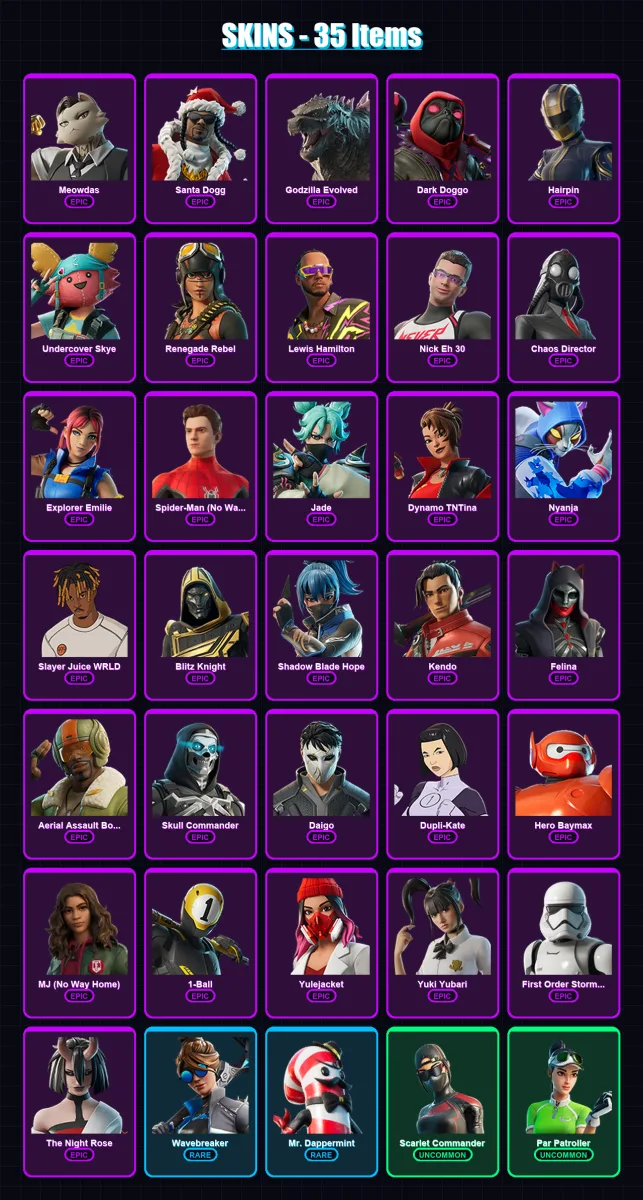 [PC/XBOX/PSN] | Meowdas | Santa Dogg | Godzilla Evolved | Dark Doggo | Hairpin | 35 skin | 65 pickaxe | 32 emote | 43 glider | Lv565