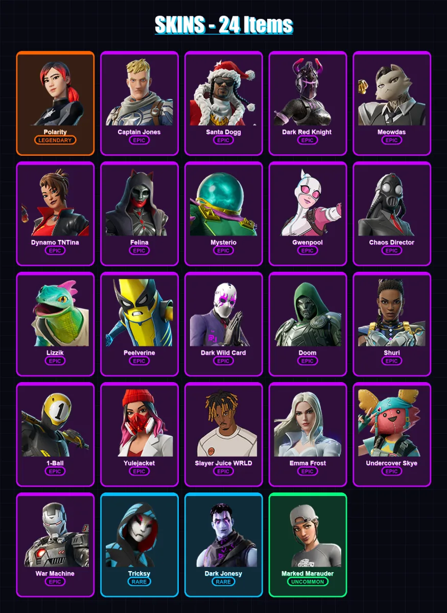[PC/XBOX/PSN] | Polarity | Captain Jones | Santa Dogg | Dark Red Knight  | Meowdas | 24 skin | 48 pickaxe | 28 emote | 36 glider | Lv735 — Fortnite account