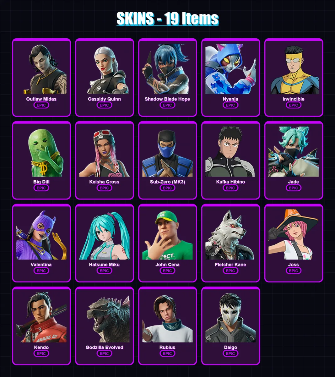 [PC/XBOX/PSN] | Outlaw Midas | Cassidy Quinn | Shadow Blade Hope | Nyanja | Invincible | 19 skin | 35 pickaxe | 36 emote | 32 glider | Lv351