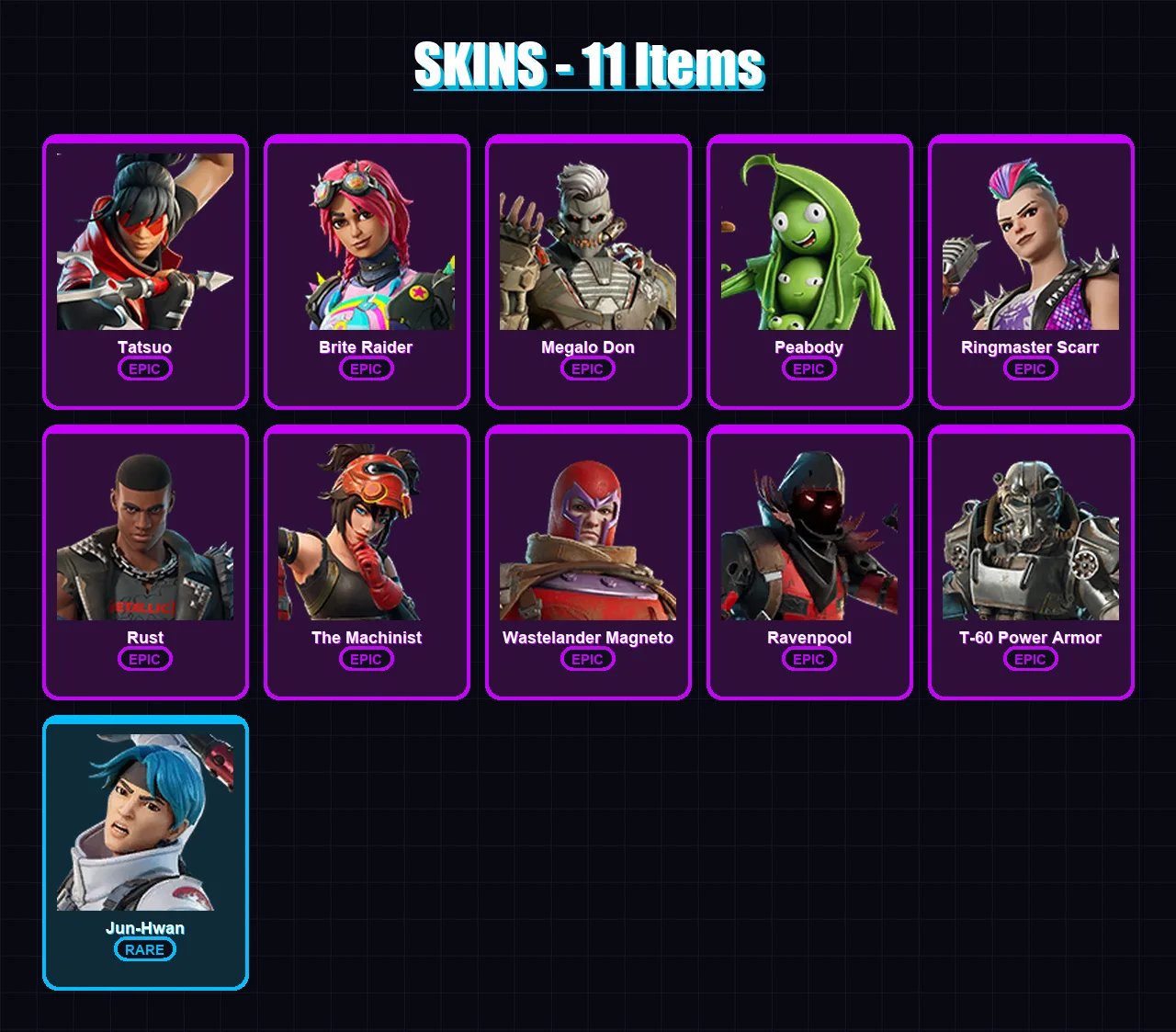 [PS4/PS5/PC] | Tatsuo | Brite Raider | Megalo Don | Peabody | Ringmaster Scarr | 11 skin | 14 pickaxe | 10 emote | 14 glider | Lv129