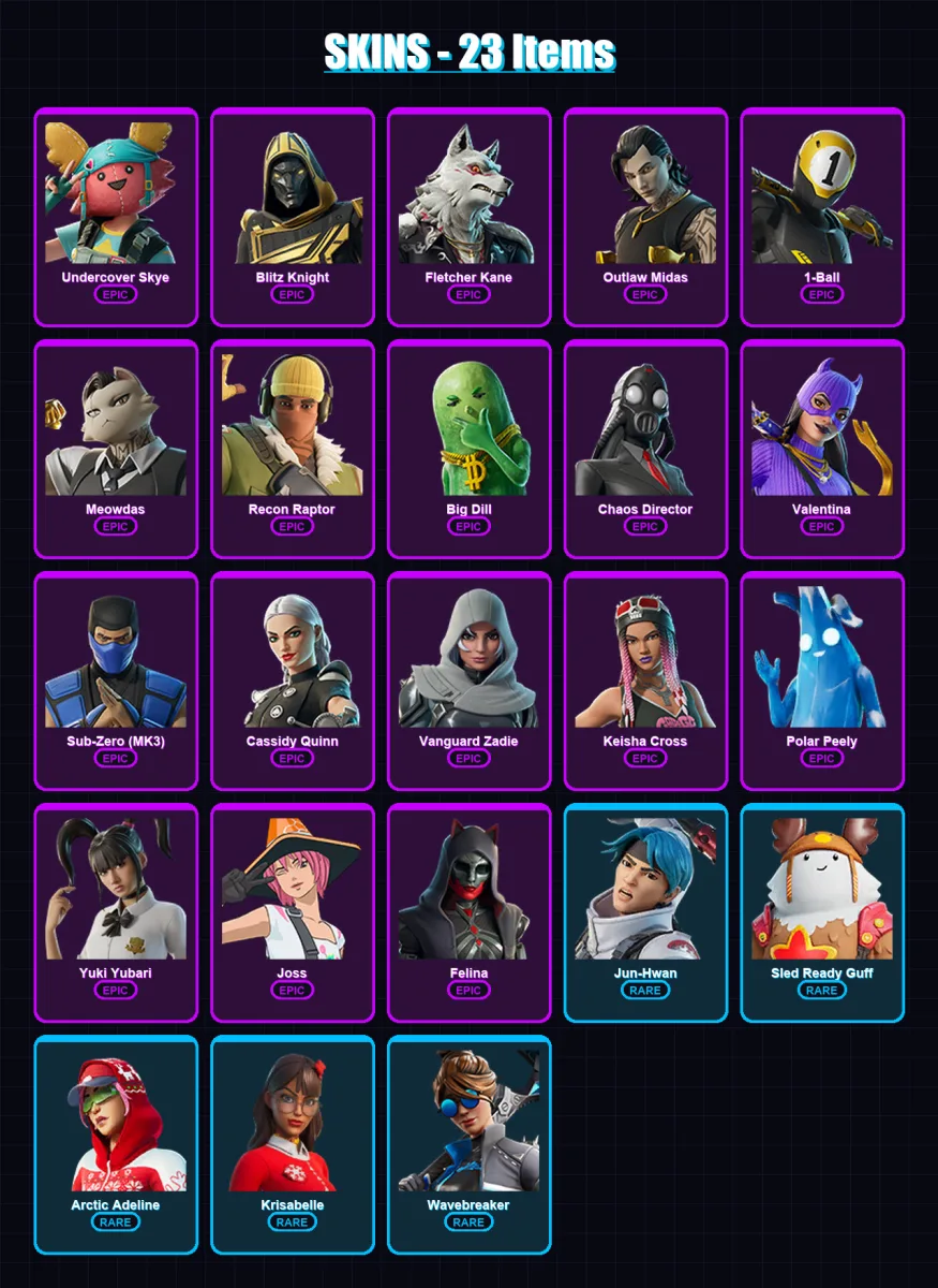 [PC] | Undercover Skye | Blitz Knight | Fletcher Kane | Outlaw Midas | 1-Ball | 23 skin | 50 pickaxe | 22 emote | 28 glider | Lv373