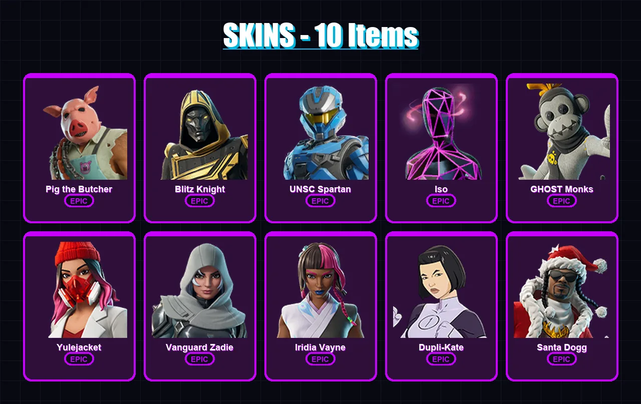 [PC/XBOX/PSN] | Pig the Butcher | Blitz Knight | UNSC Spartan | Iso | GHOST Monks | 10 skin | 60 pickaxe | 24 emote | 33 glider | Lv1210