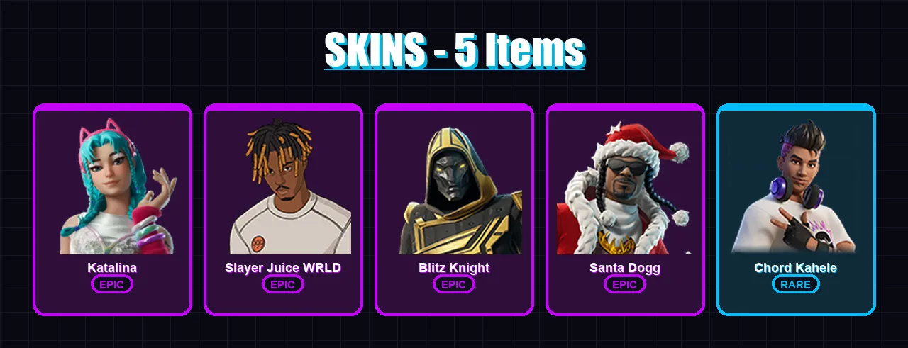 [PC/XBOX/PSN] | Katalina | Slayer Juice WRLD | Blitz Knight | Santa Dogg | Chord Kahele | 5 skin | 17 pickaxe | 5 emote | 8 glider | Lv69
