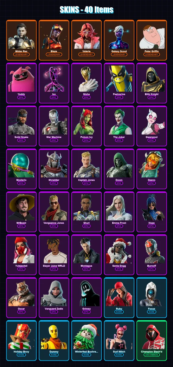 [PC/XBOX/PSN] | Midas Rex | Blaze | Valeria | Galaxy Scout | Peter Griffin | 40 skin | 73 pickaxe | 43 emote | 46 glider | Lv628