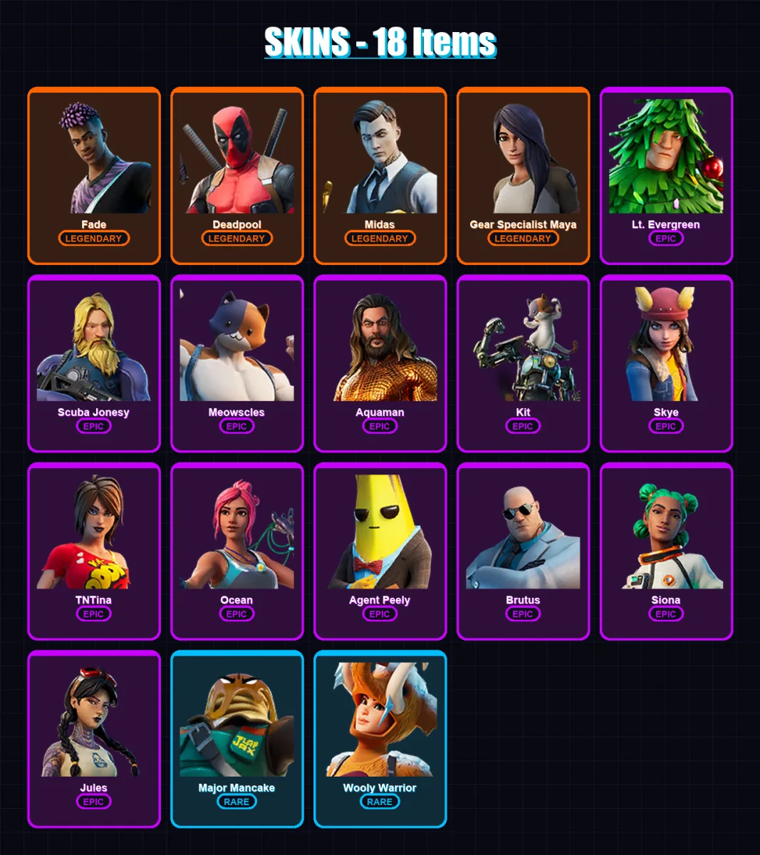 [PC/XBOX/PSN] | Fade | Deadpool | Midas | Gear Specialist Maya | Lt. Evergreen | 18 skin | 29 pickaxe | 31 emote | 32 glider | Lv467
