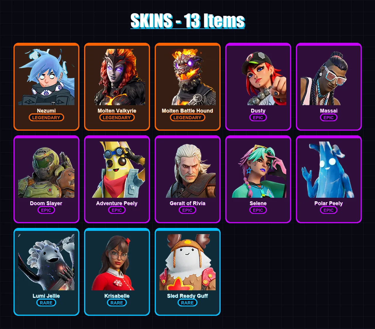 [PC/XBOX/PSN] | Nezumi | Molten Valkyrie | Molten Battle Hound | Dusty | Massai | 13 skin | 23 pickaxe | 17 emote | 27 glider | Lv221 — Fortnite account
