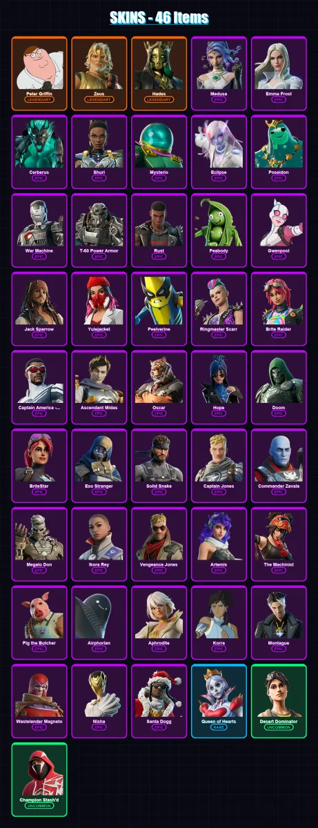 [PS4/PS5/XBOX/PC] | Peter Griffin | Zeus | Hades | Medusa | Emma Frost | 46 skin | 94 pickaxe | 50 emote | 63 glider | Lv835