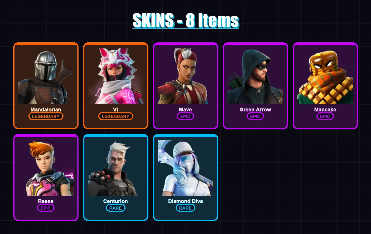 [PC/XBOX] | Mandalorian | Vi | Mave | Green Arrow | Mancake | 8 skin | 11 pickaxe | 5 emote | 7 glider | Lv80