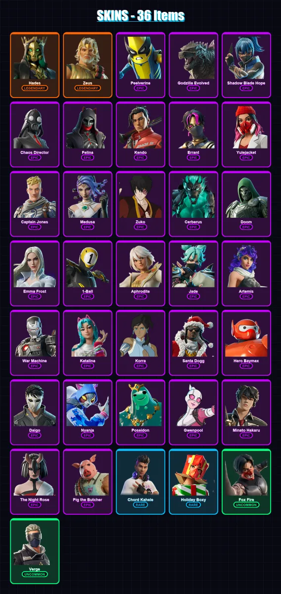 [PS4/PS5/XBOX/PC] | Hades | Zeus | Peelverine | Godzilla Evolved | Shadow Blade Hope | 36 skin | 65 pickaxe | 38 emote | 47 glider | Lv516