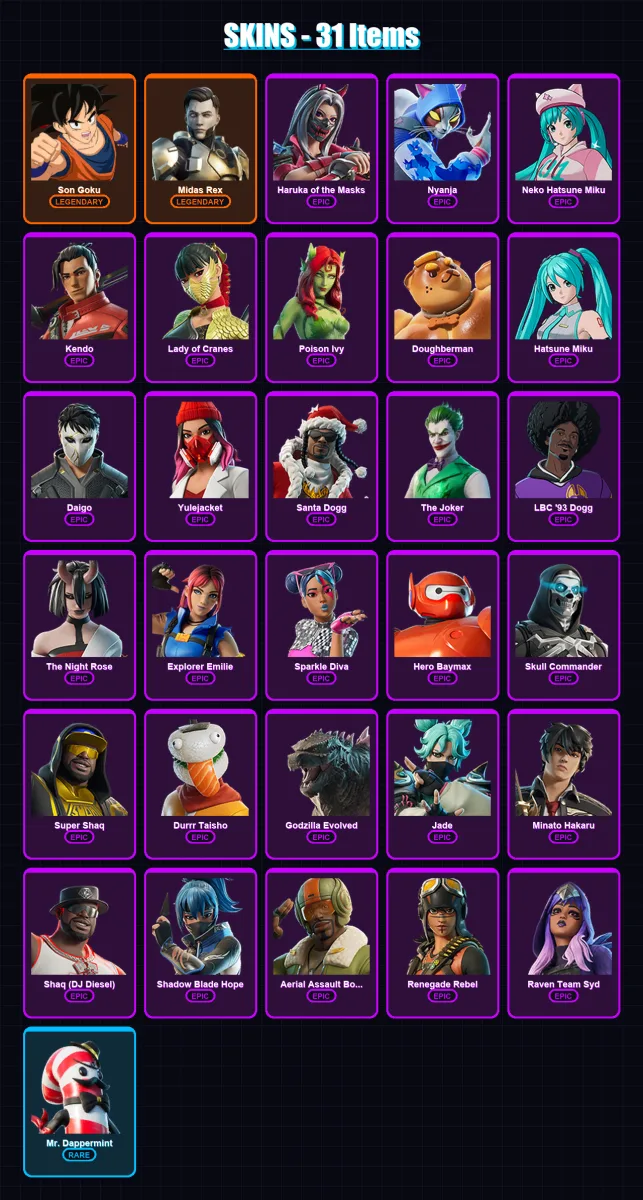 [PC/XBOX/PSN] | Son Goku | Midas Rex | Haruka of the Masks | Nyanja | Neko Hatsune Miku | 31 skin | 36 pickaxe | 21 emote | 15 glider | Lv121
