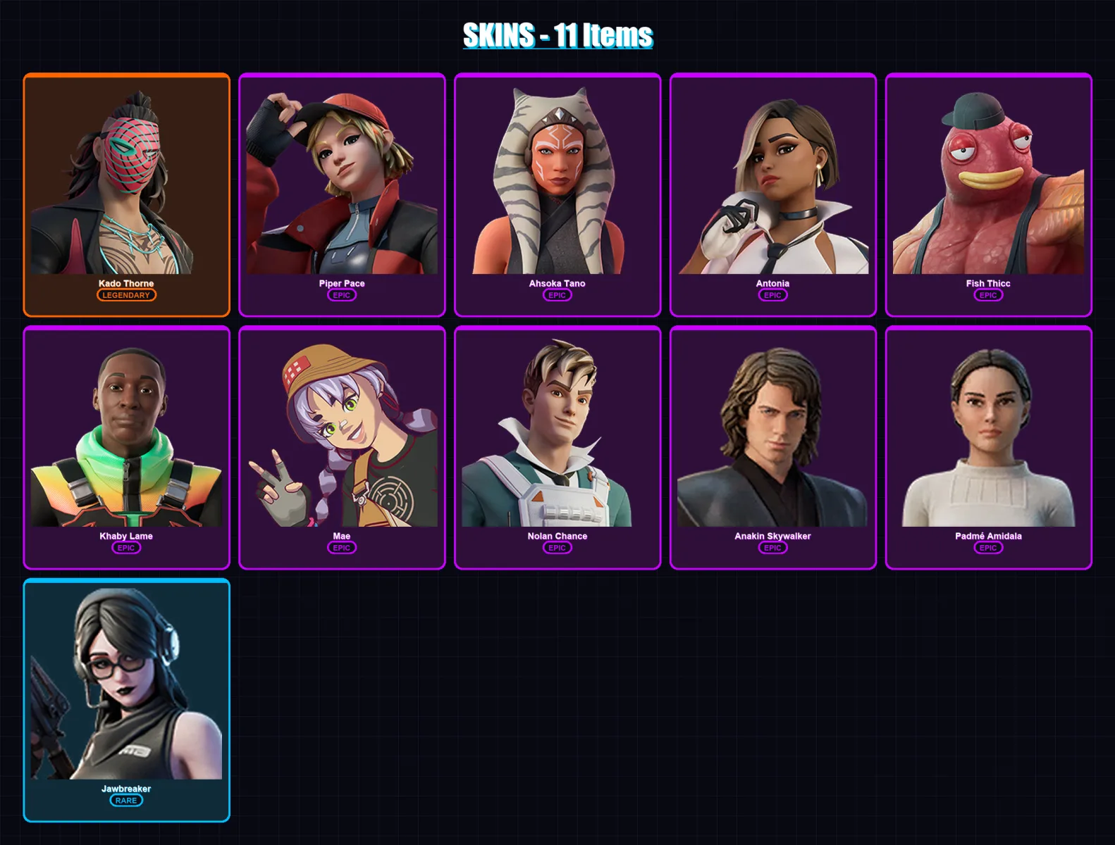 [PC/XBOX/PSN] | Kado Thorne | Piper Pace | Ahsoka Tano | Antonia | Fish Thicc | 11 skin | 11 pickaxe | 12 emote | 12 glider | Lv134