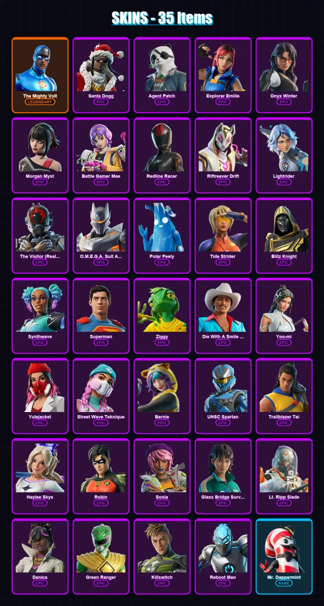 [PC] | The Mighty Volt | Santa Dogg | Agent Patch | Explorer Emilie | Onyx Winter | 35 skin | 54 pickaxe | 34 emote | 36 glider | Lv549