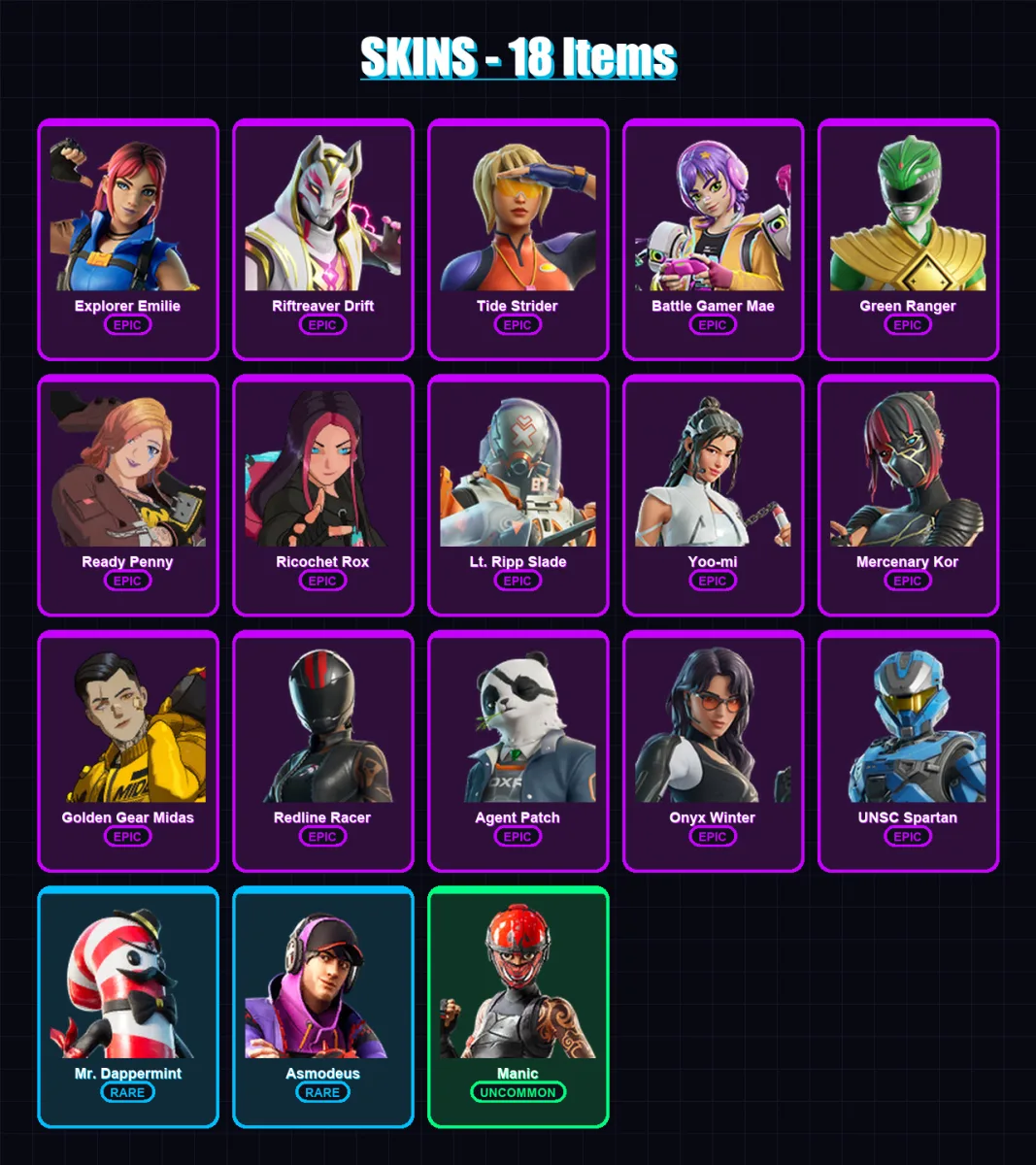 [PC/XBOX] | Explorer Emilie | Riftreaver Drift | Tide Strider | Battle Gamer Mae | Green Ranger | 18 skin | 33 pickaxe | 27 emote | 26 glider | Lv35
