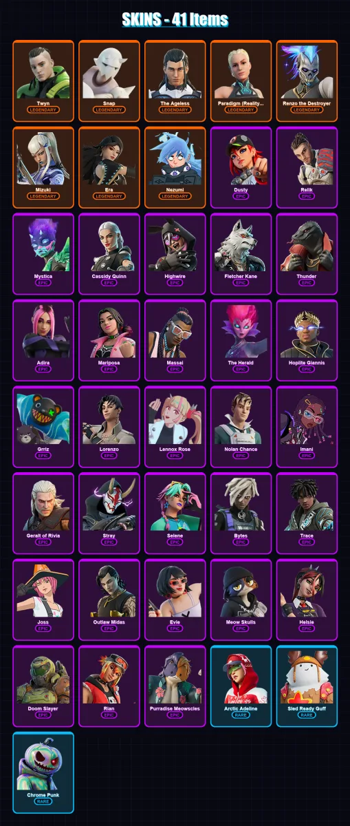 [PC/PSN] | Twyn | Snap | The Ageless | Paradigm (Reality-659) | Renzo the Destroyer | 41 skin | 49 pickaxe | 38 emote | 53 glider | Lv611