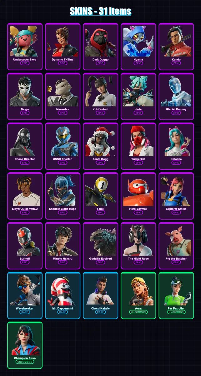 [PC/XBOX] | Undercover Skye | Dynamo TNTina | Dark Doggo | Nyanja | Kendo | 31 skin | 65 pickaxe | 31 emote | 40 glider | Lv1095