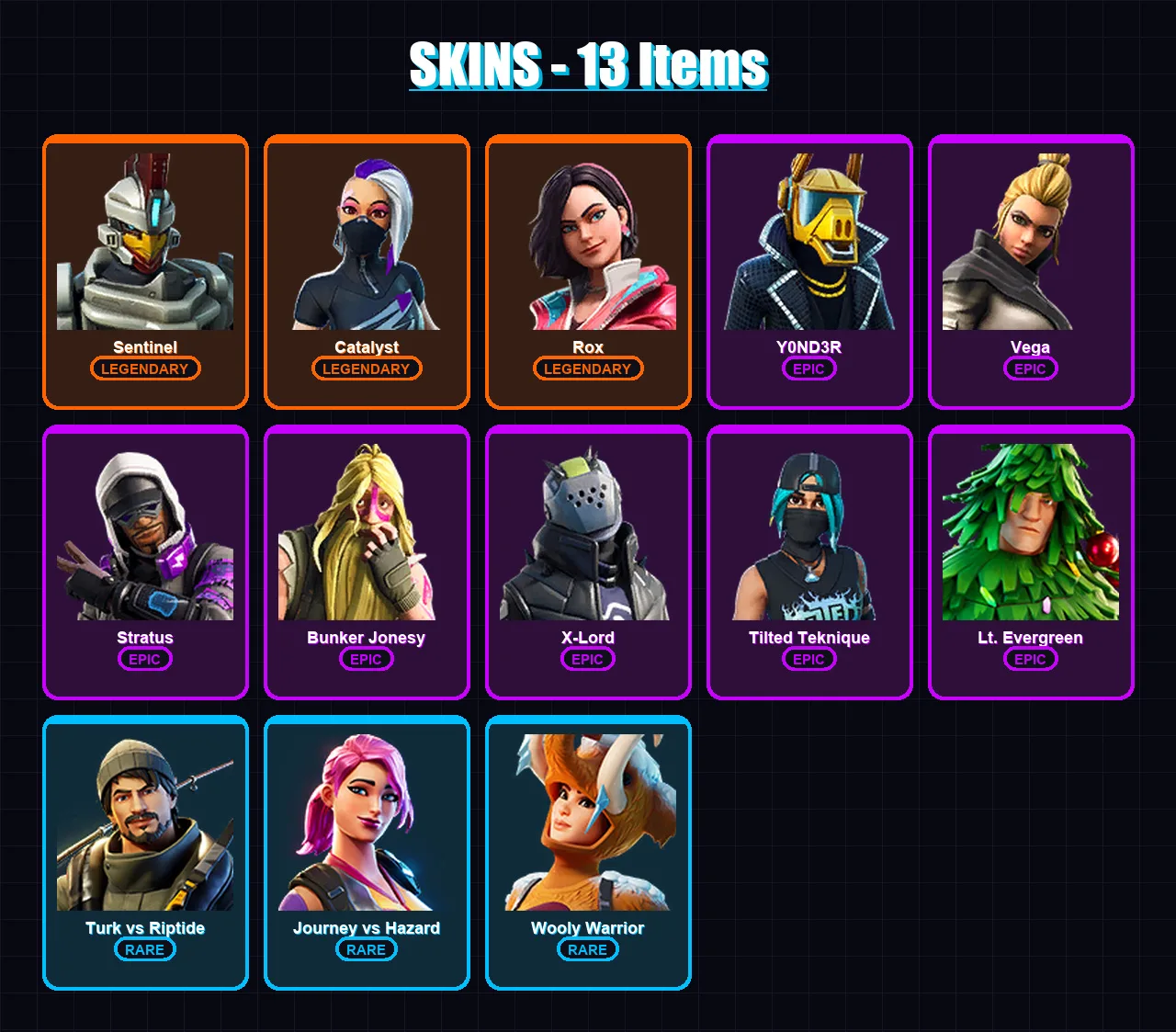 [SWITCH/PSN/PC] | Sentinel | Catalyst | Rox | Y0ND3R | Vega | 13 skin | 12 pickaxe | 18 emote | 20 glider | Lv191