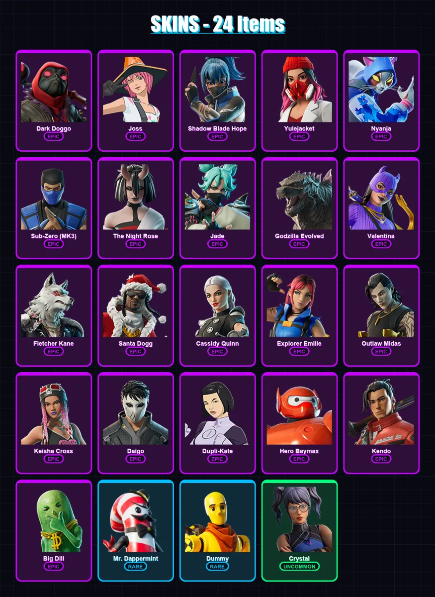 [PC/PSN] | Dark Doggo | Joss | Shadow Blade Hope | Yulejacket | Nyanja | 24 skin | 48 pickaxe | 31 emote | 37 glider | Lv730