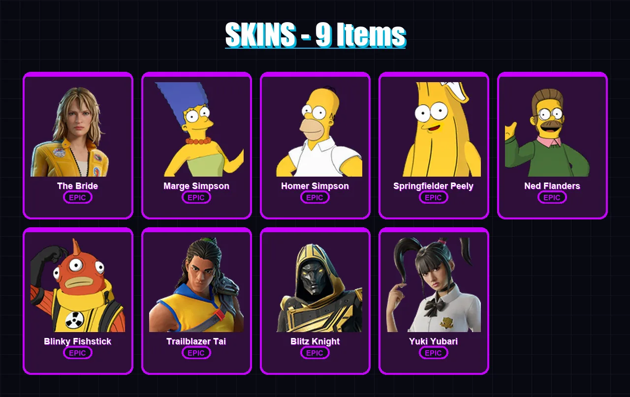 [PC/PSN] | The Bride | Marge Simpson | Homer Simpson | Springfielder Peely | Ned Flanders | 9 skin | 38 pickaxe | 19 emote | 24 glider | Lv347