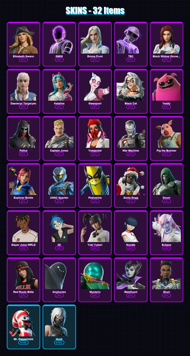 [PC/XBOX/PSN] | Elizabeth Swann | GM08 | Emma Frost | TB3 | Black Widow (Snow Suit) | 32 skin | 86 pickaxe | 53 emote | 54 glider | Lv795