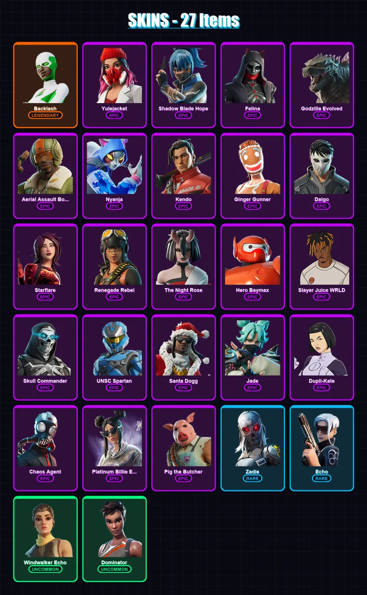 [PC/XBOX/PSN] | Backlash | Yulejacket | Shadow Blade Hope | Felina | Godzilla Evolved | 27 skin | 76 pickaxe | 32 emote | 49 glider | Lv1189