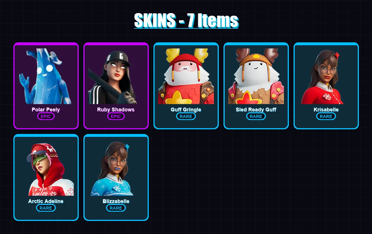 [PC/PSN] | Polar Peely | Ruby Shadows | Guff Gringle | Sled Ready Guff | Krisabelle | 7 skin | 17 pickaxe | 12 emote | 25 glider | Lv321