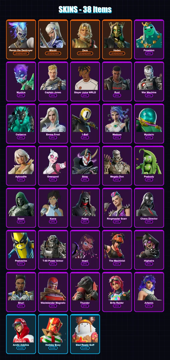 [PC/XBOX/PSN] | Renzo the Destroyer | Mizuki | Zeus | Hades | Poseidon | 38 skin | 62 pickaxe | 53 emote | 56 glider | Lv1064