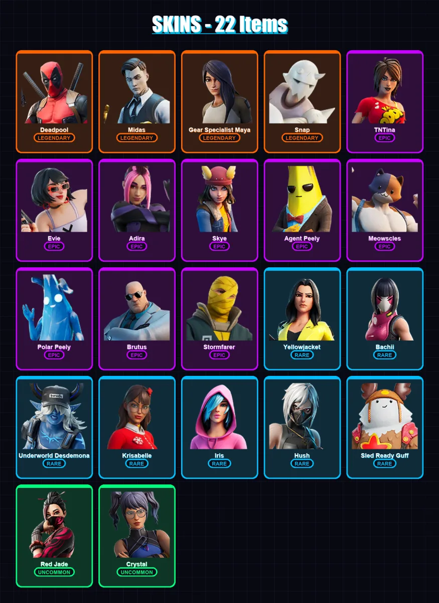 [PS4/PS5/XBOX/PC] | Deadpool | Midas | Gear Specialist Maya | Snap | TNTina | 22 skin | 44 pickaxe | 29 emote | 46 glider | Lv728