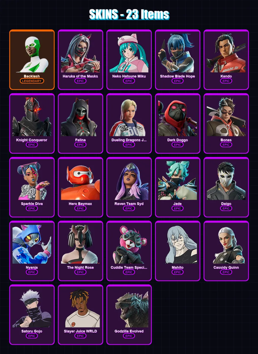 [PC/XBOX/PSN] | Backlash | Haruka of the Masks | Neko Hatsune Miku | Shadow Blade Hope | Kendo | 23 skin | 53 pickaxe | 37 emote | 35 glider | Lv497