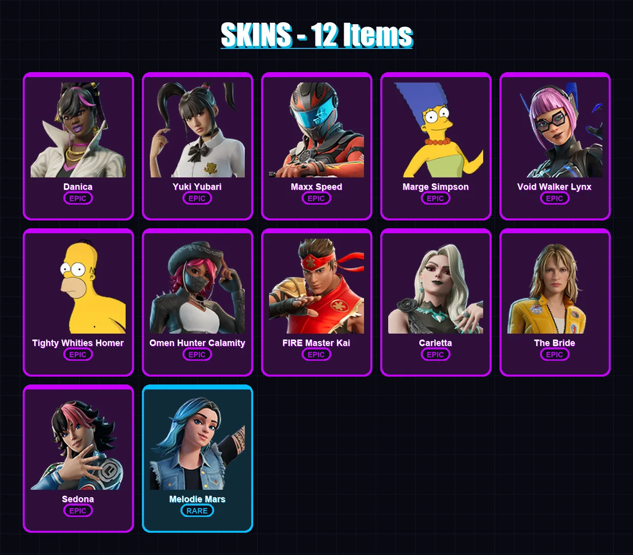 [PC/XBOX/PSN] | Danica | Yuki Yubari | Maxx Speed | Marge Simpson | Void Walker Lynx | 12 skin | 6 pickaxe | 5 emote | 5 glider | Lv17
