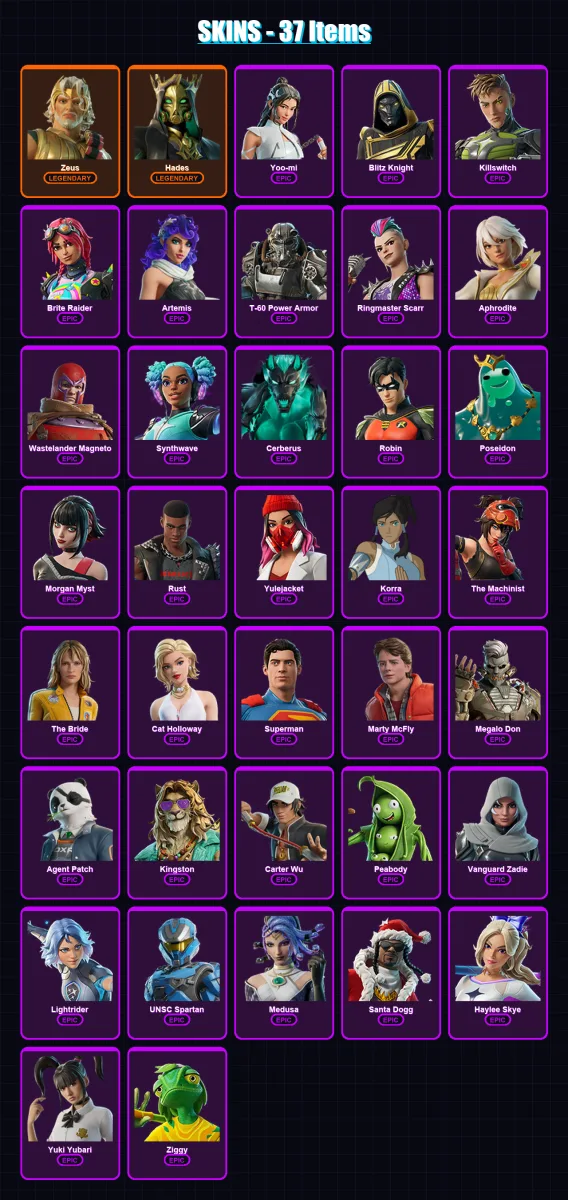 [PC/XBOX/PSN] | Zeus | Hades | Yoo-mi | Blitz Knight | Killswitch | 37 skin | 98 pickaxe | 54 emote | 70 glider | Lv955