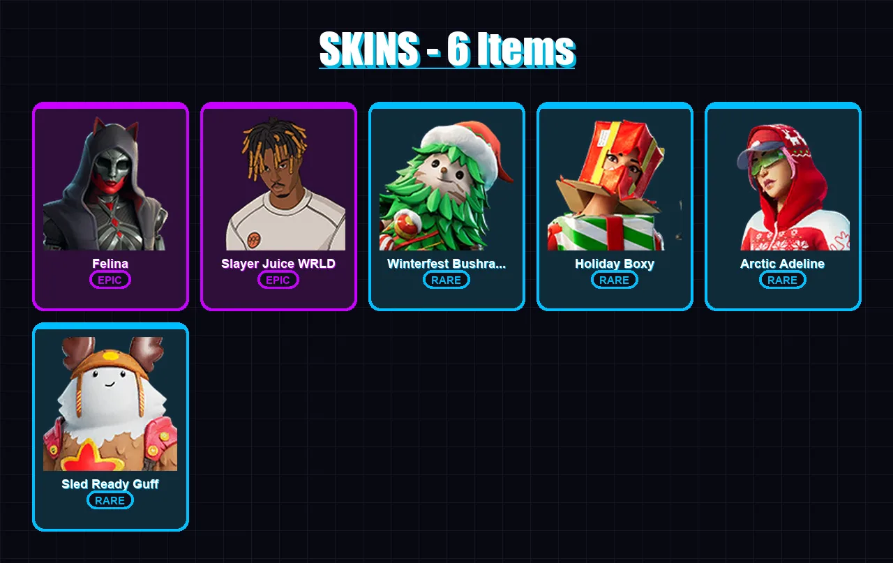[PC/PSN] | Felina | Slayer Juice WRLD | Winterfest Bushranger | Holiday Boxy | Arctic Adeline | 6 skin | 23 pickaxe | 10 emote | 15 glider | Lv234