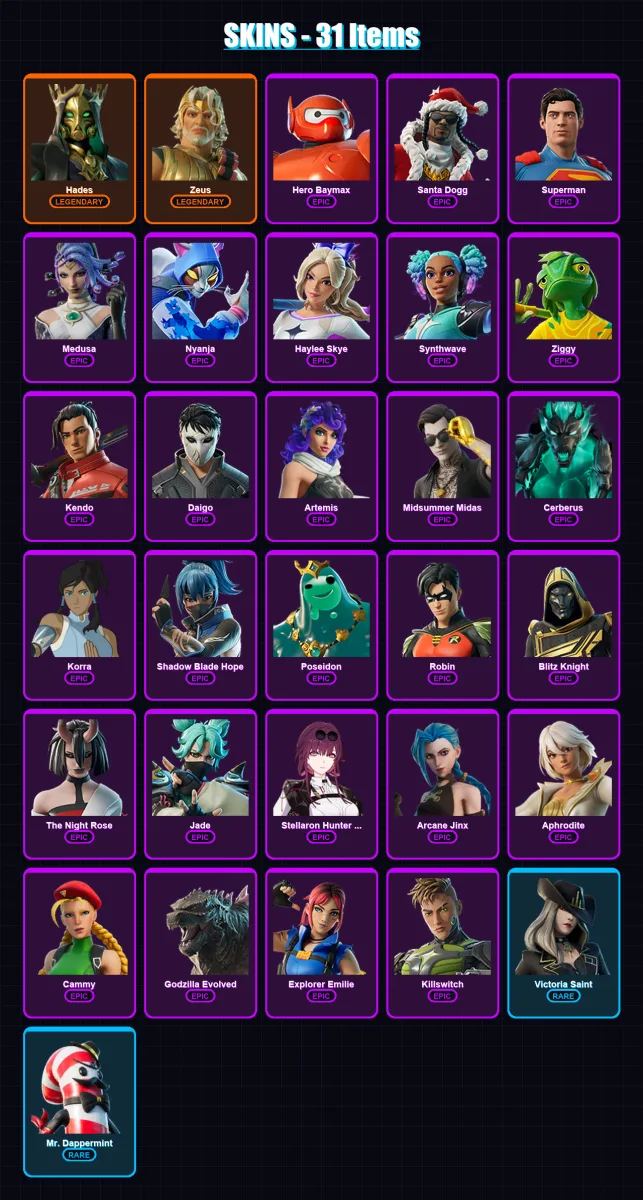 [SWITCH/PSN/PC] | Hades | Zeus | Hero Baymax | Santa Dogg | Superman | 31 skin | 76 pickaxe | 53 emote | 55 glider | Lv747