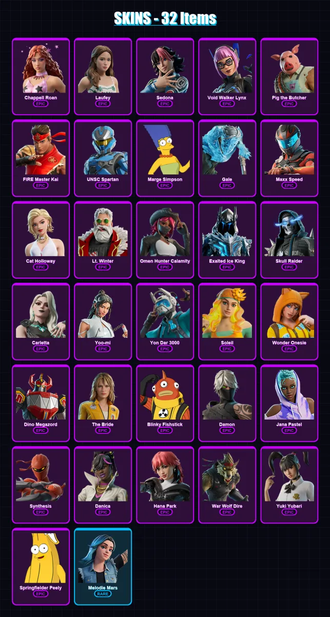 [PC/PSN] | Chappell Roan | Laufey | Sedona | Void Walker Lynx | Pig the Butcher | 32 skin | 44 pickaxe | 29 emote | 22 glider | Lv144 — Fortnite account
