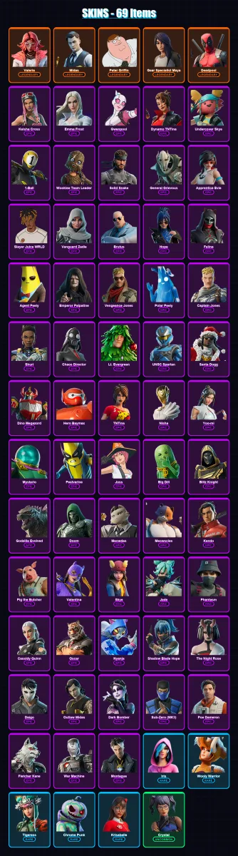 [PC/PSN] | Valeria | Midas | Peter Griffin | Gear Specialist Maya | Deadpool | 69 skin | 129 pickaxe | 98 emote | 110 glider | Lv2477