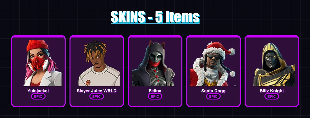 [PC/XBOX/PSN] | Yulejacket | Slayer Juice WRLD | Felina | Santa Dogg | Blitz Knight | 5 skin | 43 pickaxe | 16 emote | 28 glider | Lv718