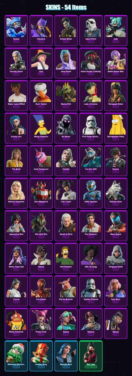 [PC/XBOX/PSN] | Nyanja | Valentina | Outlaw Midas | Agent Patch | Jade | 54 skin | 67 pickaxe | 40 emote | 43 glider | Lv321