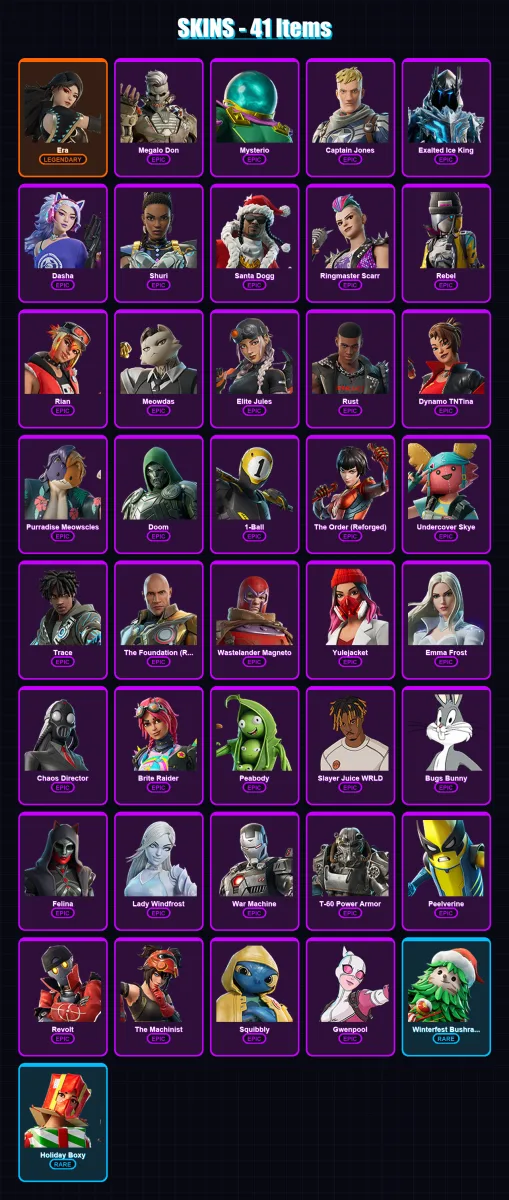 [PC/PSN] | Era | Megalo Don | Mysterio | Captain Jones | Exalted Ice King | 41 skin | 91 pickaxe | 46 emote | 75 glider | Lv1323 — Fortnite account