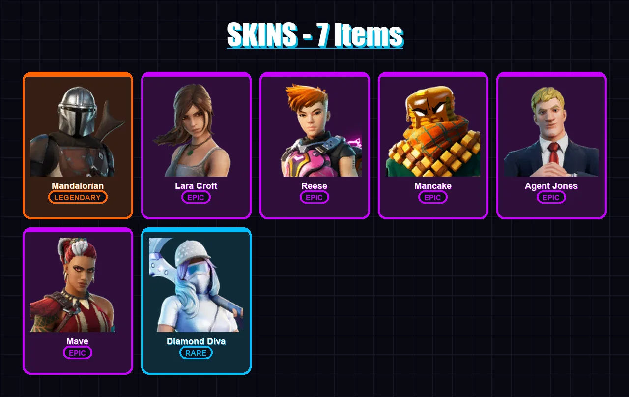 [PC/XBOX/PSN] | Mandalorian | Lara Croft | Reese | Mancake | Agent Jones | 7 skin | 19 pickaxe | 23 emote | 21 glider | Lv397