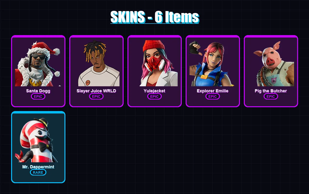 [PC/XBOX/PSN] | Santa Dogg | Slayer Juice WRLD | Yulejacket | Explorer Emilie | Pig the Butcher | 6 skin | 42 pickaxe | 17 emote | 31 glider | Lv564