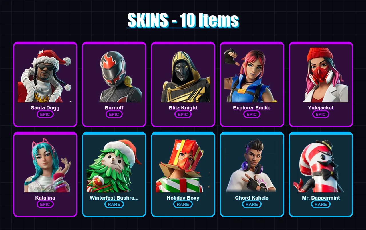 [PC/XBOX/PSN] | Santa Dogg | Burnoff | Blitz Knight | Explorer Emilie | Yulejacket | 10 skin | 37 pickaxe | 11 emote | 21 glider | Lv204