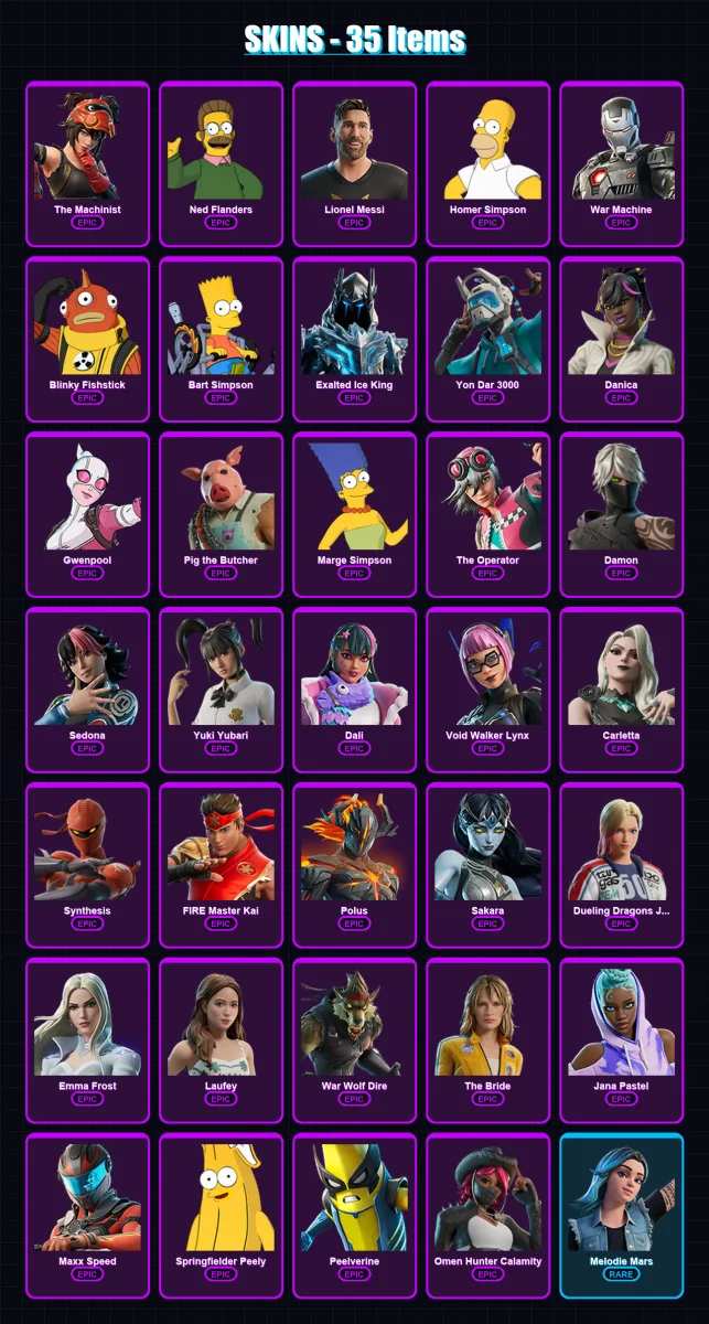 [PC/XBOX] | The Machinist | Ned Flanders | Lionel Messi | Homer Simpson | War Machine | 35 skin | 41 pickaxe | 24 emote | 25 glider | Lv227 — Fortnite account